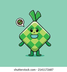 Cute cartoon illustration ketupat using mask to prevent corona virus in cute modern style design