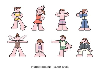 Cute cartoon illustration of kids doing warm-up exercises. Stretching arms, legs, neck, and body in various poses before sports or swimming.