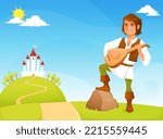 cute cartoon illustration for kids - a handsome medieval bard greeting visitors in a fairy tale kingdom. Colorful background with castle on a green hillock.