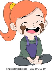Cute cartoon illustration of a laughing girl sitting cross legged with chocolate smeared on her cheeks.