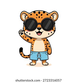 A cute cartoon illustration of a leopard character wearing sunglasses and blue short, waving its hand. Great for children book illustration, graphic element, and more.