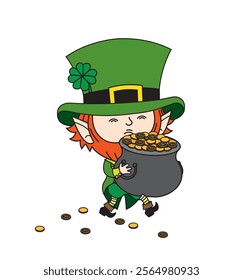 Cute cartoon illustration of a leprechaun carrying pot of gold