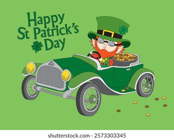 Cute cartoon illustration of a leprechaun driving a vintage car