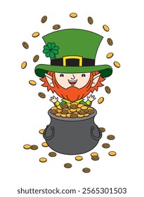 Cute cartoon illustration of a leprechaun with a pot of gold