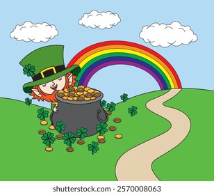 Cute cartoon illustration of a leprechaun with a pot of gold