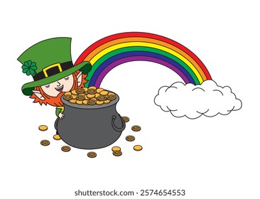 Cute cartoon illustration of a leprechaun with a pot of gold