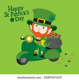 Cute cartoon illustration of a leprechaun riding a scooter