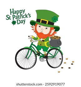 Cute cartoon illustration of a leprechaun riding a bicycle