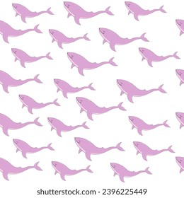 Cute cartoon illustration with lilac whale on a white background seamless pattern. T-shirt art, pajamas print
