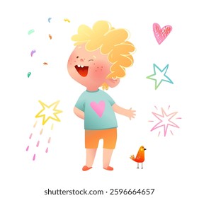 Cute cartoon illustration of a little baby boy standing smiling or laughing. Childhood playful funny character for kindergarten and elementary school education. Vector cartoon character for kids.