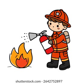 Cute Cartoon Illustration of a Little Firefighter in Uniform Extinguishing Fire with Extinguisher Vector