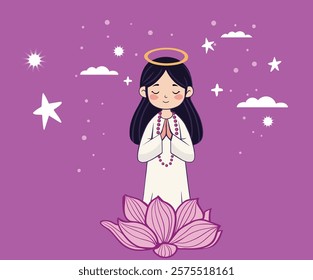 Cute cartoon  Illustration of Little girl or Cute angels with nimbus praying to god standing on the lotus on lilac background. Illustration of a card template calm character