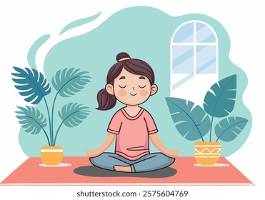 Cute cartoon Illustration of Little girl doing yoga, meditating in lotus pose. Child sitting with crossed legs and closed eyes meditating at home.