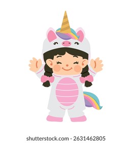 Cute cartoon illustration of a little girl dressed in a unicorn costume