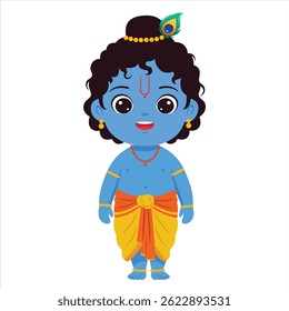Cute Cartoon Illustration of Lord Krishna as a Child with Peacock Feather Vector Graphics