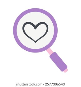 cute cartoon illustration of magnifying glass with heart on lens, flat vector print on white background, searching love icon, greeting card for valentine's day