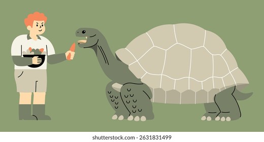 cute cartoon illustration of a man feeding huge tortoise.