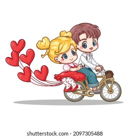 Cute cartoon illustration of a man riding a bicycle and a woman sitting on the back, Cartoon illustration for sticker, card, badge, various print media or It can be used as part of the overall design.