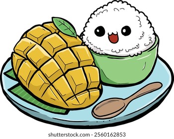 Cute Cartoon illustration of a mango sticky rice