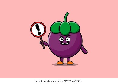 Cute cartoon illustration Mangosteen with exclamation sign board in flat modern style design