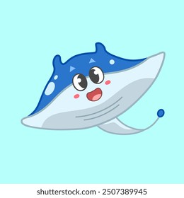 Cute cartoon illustration of manta ray. Smiling face character