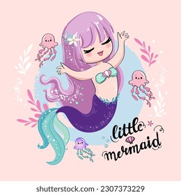 Cute cartoon illustration mermaid in kawaii style on a pink background. T-shirt art, pajamas