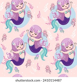 Cute cartoon illustration mermaid in kawaii style on a pink background seamless pattern. T-shirt art, pajamas anime girl