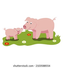 Cute Cartoon Illustration Of Mom And Kids, Farm Animal Pig And Piglet. Vector Isolated On A White Background.