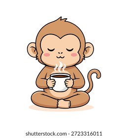 Ilustração de desenho animado bonito de um macaco sentado em uma pose meditativa, segurando uma xícara de água quente. Perfeito para livros infantis, materiais educativos ou qualquer design que precise de um toque de calor divertido.