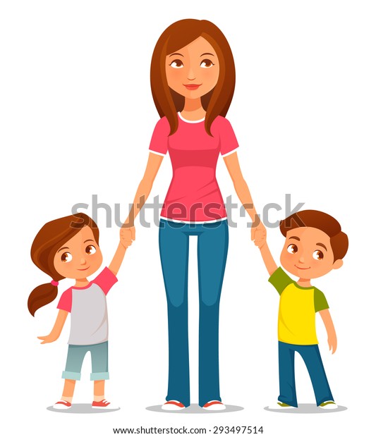 2人の子どもを持つ母親のかわいい漫画のイラスト のベクター画像素材 ロイヤリティフリー 293497514