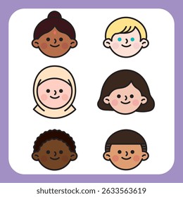 A cute cartoon illustration of multicultural children's faces drawn in a clean outline style. This flat icon set is perfect for educational materials, diversity campaigns, international day posters, a