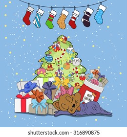 Cute cartoon illustration on the theme of merry Christmas and happy new year with gifts and surprises under the tree of desires. Vector illustration