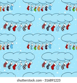 Cute cartoon illustration on the theme of merry Christmas and happy new year with a festive winter Christmas garland out of socks for gifts and surprises. Vector seamless pattern for design  gifts