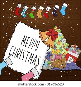 Cute cartoon illustration on the theme of merry Christmas and a happy new year with gifts and surprises under the tree of desires on wooden background. Vector illustration