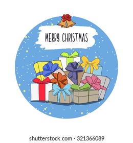 Cute cartoon illustration on the theme of merry Christmas and happy new year with gifts and surprises. Vector illustration