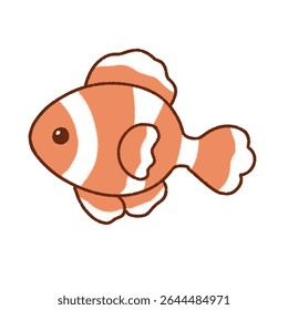 A cute cartoon illustration of an orange clownfish with white stripes, drawn in a flat and kawaii style. 