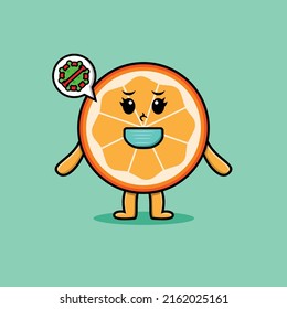 Cute cartoon illustration orange fruit using mask to prevent corona virus in cute modern style