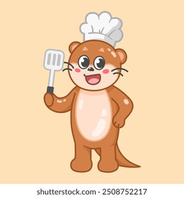 Cute cartoon illustration otter with chef hat cooking and holding a spatula