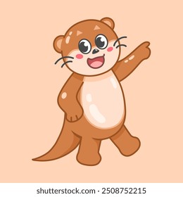 Cute cartoon illustration otter pointing to the side with finger, showing and presenting product