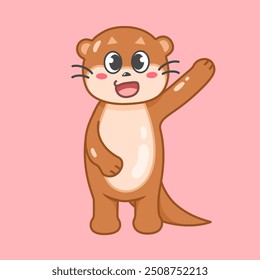 Cute cartoon illustration of otter waving hand and saying hi. Greetings concept