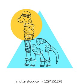 Cute cartoon illustration of outline diplodocus with scarf, boots and hat and geometric shapes. Childish doodle dinosaur sketch for kids print design, logo, label