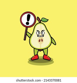 Cute cartoon illustration pear fruit with exclamation sign board