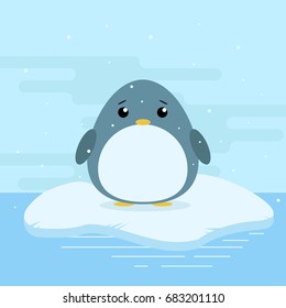 Cute cartoon illustration of penguin on iceberg in antarctica. Cold weather with snow. Flat vector design