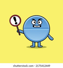 Cute cartoon illustration pill medicine with exclamation sign board