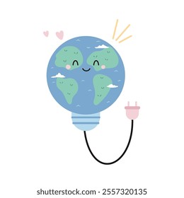 Cute Cartoon Illustration of Planet Earth as a Lamp. Perfect for Eco-Friendly and Sustainable Lighting Themes.
