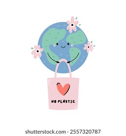 Cute Cartoon Illustration of Planet Earth Holding Tote Bag with 'No Plastic' Phrase. Perfect for Eco-Friendly and Zero Waste Projects
