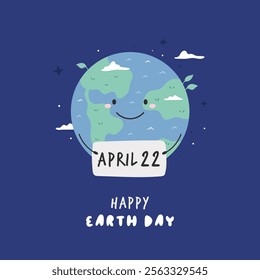 Cute Cartoon Illustration of Planet Earth Holding Banner for Earth Day.'