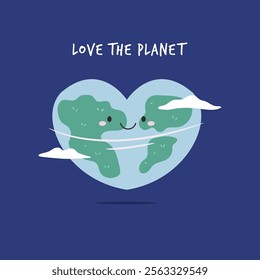 Cute Cartoon Illustration of Planet Earth and Text Love The Planet. Perfect for Earth Day and Climate Awareness.
