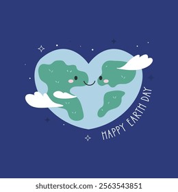 Cute Cartoon Illustration of Planet Earth and Text Happy Earth Day. Perfect for Earth Day and Climate Awareness.