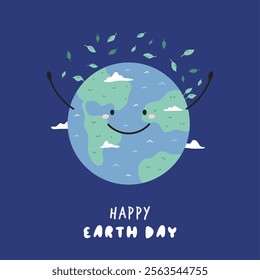 Cute Cartoon Illustration of Planet Earth and Text Happy Earth Day. Perfect for Earth Day and Climate Awareness.